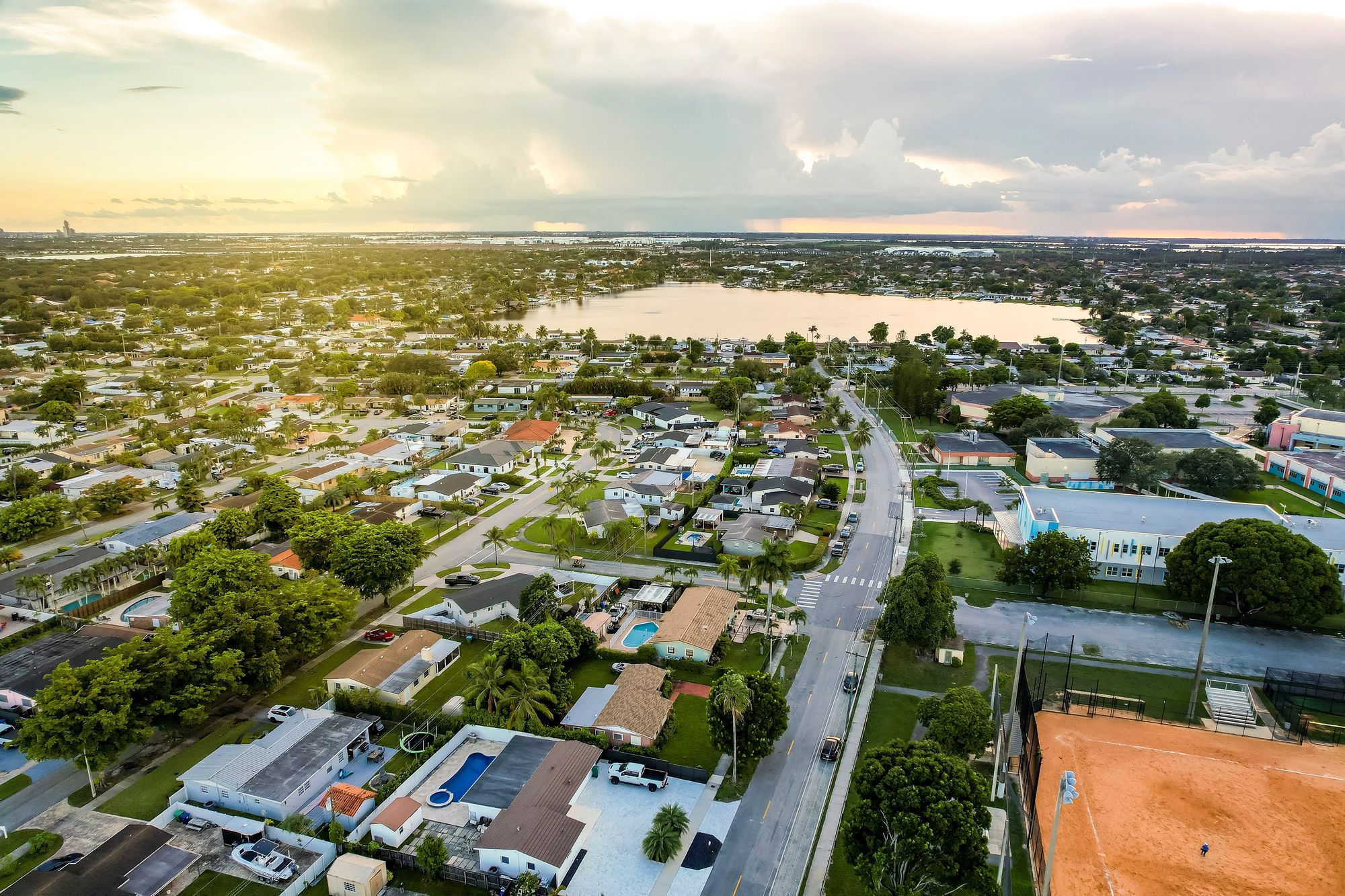 Aerial view of a Hialeah residential neighborhood at sunset