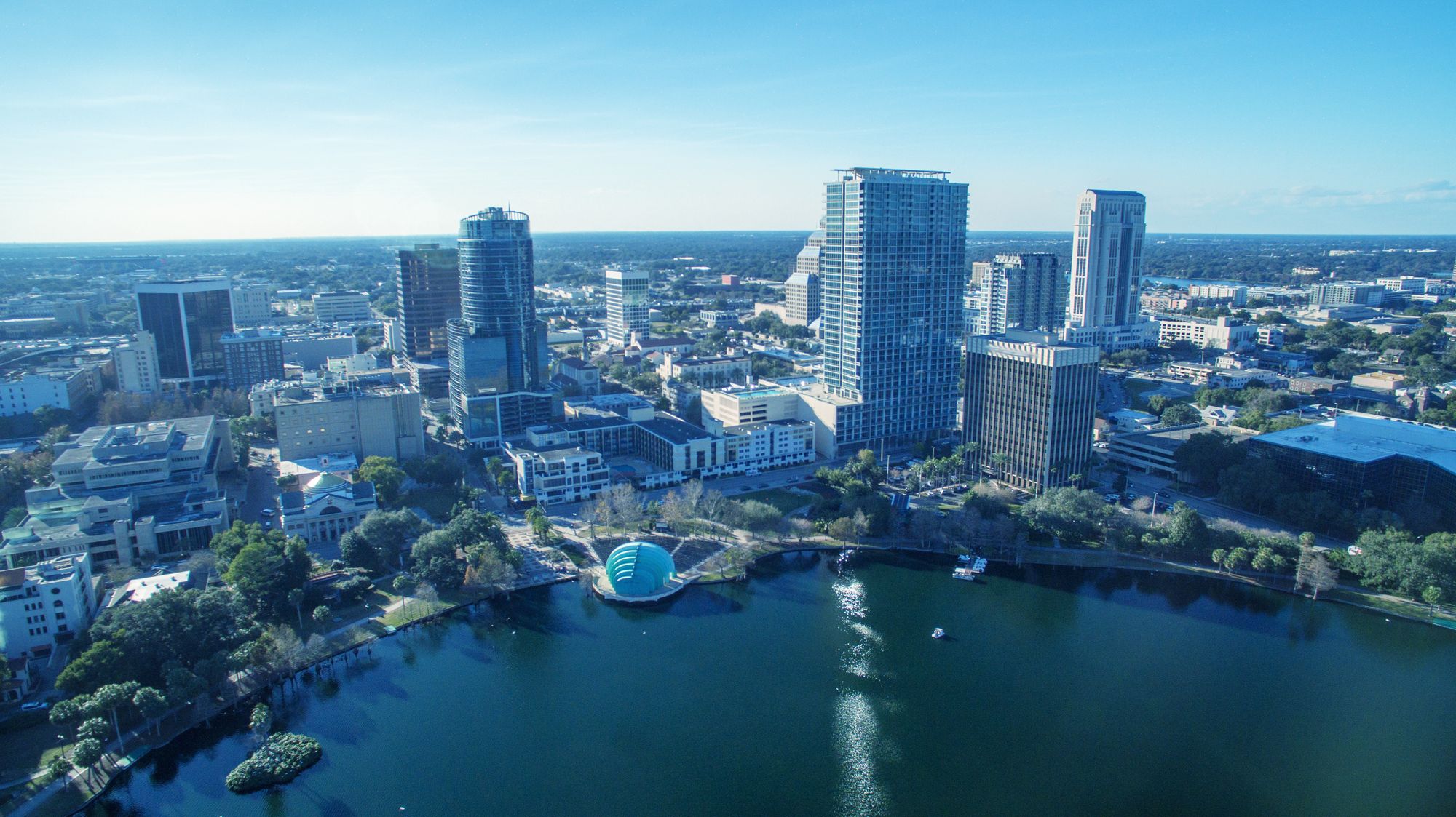 Aerial view of downtown Orlando and Lake Eola