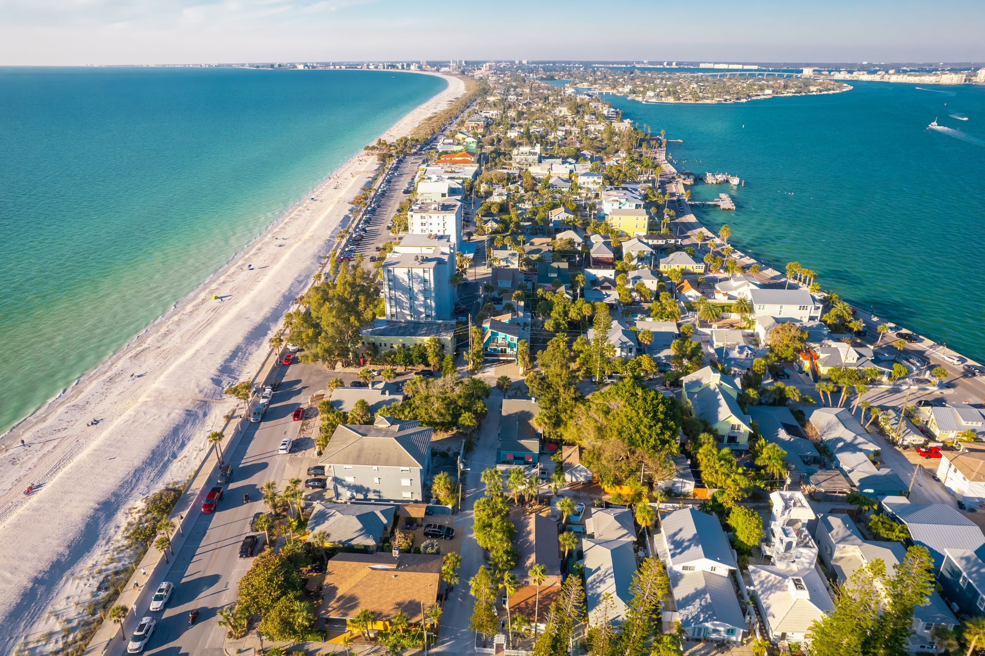 Aerial view of the St. Petersburg beach barrier island and Gulf coast